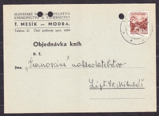 SLOVENSKÝ ŠTÁT 1943, poštový lístok. NAKLADATEĽSTVO, KNÍHKUPECTVO A PAPIERNICTVO, TEODOR MESÍK - MODRA.