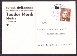 SLOVENSKÝ ŠTÁT 1943, poštový lístok. NAKLADATEĽSTVO, KNÍHKUPECTVO A PAPIERNICTVO, TEODOR MESÍK - MODRA.