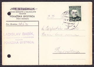 SLOVENSKÝ ŠTÁT 1940, poštový lístok. OBCHOD S MIEŠANÝM A KOLONIÁLNYM TOVAROM, LADISLAV BABÍK - POVAŽSKÁ BYSTRICA.