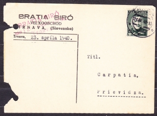 SLOVENSKÝ ŠTÁT 1940, poštový lístok. VEĽKOOBCHOD, BRATIA BIRÓ, NÁSTUPCA J. ZVOLENSKÝ - TRNAVA.