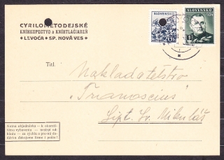 SLOVENSKÝ ŠTÁT 1942, poštový lístok. CYRILOMETODEJSKÉ KNÍHKUPECTVO A KNÍHTLAČIAREŇ - LEVOČA.