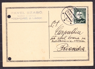 SLOVENSKÝ ŠTÁT 1940, poštový lístok. HOSTINEC A OBCHOD, PAVEL SZABO - PODHORIE, LADCE.