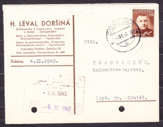 SLOVENSKÝ ŠTÁT 1943, poštový lístok. KNÍHKUPECTVO A PAPIERNICTVO, H. LÉVAI - DOBŠINÁ.
