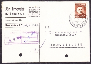 SLOVENSKÝ ŠTÁT 1942, poštový lístok. KNÍHKUPECTVO, KNÍHTLAČIAREŇ, JÁN TRNOVSKÝ - NOVÉ MESTO NAD VÁHOM.