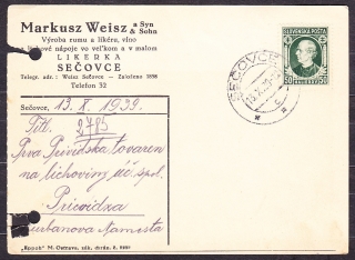 SLOVENSKÝ ŠTÁT 1939, poštový lístok. VÝROBA RUMU A LIKÉRU, VÍNO, MARKUSZ WEISZ A SYN - SEČOVCE.