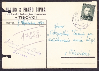 SLOVENSKÝ ŠTÁT 1940, poštový lístok. OBCHOD S MIEŠANÝM TOVAROM, JULIUS & FRAŇO ČIPKA - TISOVEC.