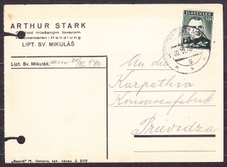 SLOVENSKÝ ŠTÁT 1940, poštový lístok. OBCHOD S MIEŠANÝM TOVAROM, ARTHUR STARK - LIPTOVSKÝ MIKULÁŠ.