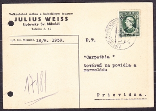 SLOVENSKÝ ŠTÁT 1939, poštový lístok. VEĽKOOBCHOD S MÚKOU A KOLONIÁLNYM TOVAROM, JULIUS WEISS - LIPTOVSKÝ MIKULÁŠ.