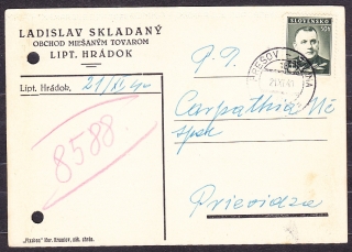 SLOVENSKÝ ŠTÁT 1940, poštový lístok. OBCHOD S MIEŠANÝM TOVAROM, LADISLAV SKLADANÝ - LIPTOVSKÝ HRÁDOK. VLAKOVÉ RAZÍTKO !
