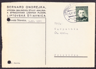 SLOVENSKÝ ŠTÁT 1941, poštový lístok. VÝROBA MALINOVEJ ŠŤAVY A SPRACOVANIE LESNÝCH PLODÍN, BERNARD ONDREJKA - LIPTOVSKÁ ŠŤIAVNICA.