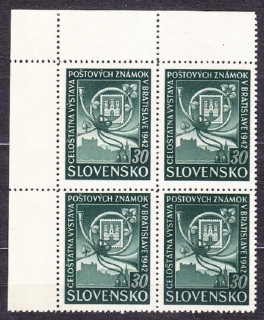 SLOVENSKÝ ŠTÁT 1942, Synek 68, ** čistý rohový 4-blok ( ĽH ). Priesvitka P4.