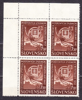 SLOVENSKÝ ŠTÁT 1942, Synek 71, ** čistý rohový 4-blok ( ĽH ). Priesvitka P3.