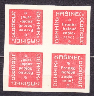 ČSR 1918, Pofis NN18, **/* čistý 4-blok. NÚDZOVÉ NOVINOVÉ PROVIZÓRIUM - NAŠINEC OLOMOUC.