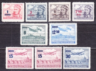ČSSR 1949, Pofis L25-L32, ** čistá séria + L31a. LETECKÉ. PRETLAČOVÉ PROVIZÓRIUM.