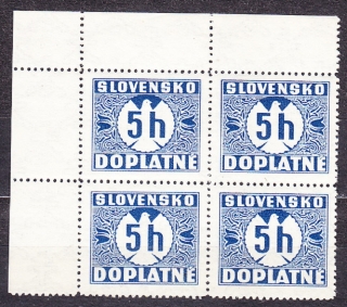 SLOVENSKÝ ŠTÁT 1940, Synek D1 Y, ** čistý rohový 4-blok ( ĽH + dosková chyba). DOPLATNÉ. Priesvitka P1.