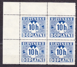 SLOVENSKÝ ŠTÁT 1940, Synek D2 Y, ** čistý rohový 4-blok ( ĽH ). DOPLATNÉ. Priesvitka P2.