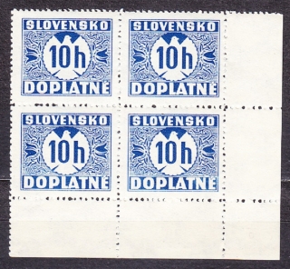 SLOVENSKÝ ŠTÁT 1940, Synek D2 Y, ** čistý rohový 4-blok ( PD ). DOPLATNÉ. Priesvitka P1.