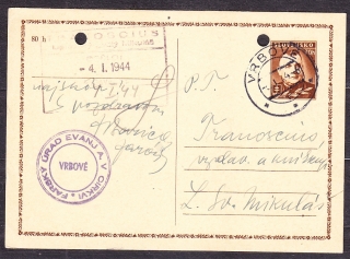 SLOVENSKÝ ŠTÁT 1944, použitá celina CDV 11. FARSKÝ EVANJELICKÝ ÚRAD - VRBOVÉ.