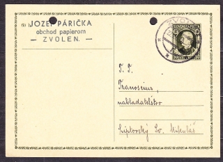 SLOVENSKÝ ŠTÁT 1939, použitá celina CDV 2. OBCHOD S PAPIEROM, JOZEF PÁRIČKA - ZVOLEN.
