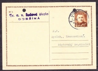 SLOVENSKÝ ŠTÁT 1944, použitá celina CDV 11. EVANJELICKÁ A ĽUDOVÁ ŠKOLA - DOBŠINÁ.