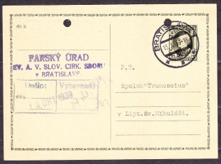 SLOVENSKÝ ŠTÁT 1939, použitá celina CDV 2. EVANJELICKÝ FARSKÝ ÚRAD A CIRKEVNÝ ZBOR - BRATISLAVA.