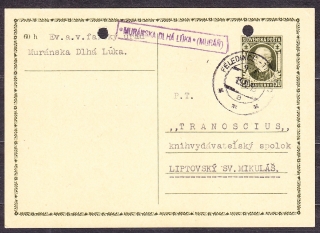 SLOVENSKÝ ŠTÁT 1939, použitá celina CDV 2. EVANJELICKÝ FARSKÝ ÚRAD - MURÁŇSKA DLHÁ LÚKA. VLAKOVÁ POŠTA FELEDINCE - TISOVEC !