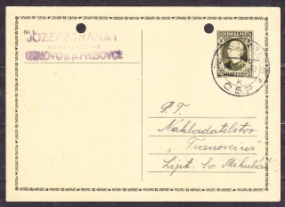 SLOVENSKÝ ŠTÁT 1939, použitá celina CDV 2. KNÍHVIAZAČSTVO, JOZEF STRÁŇAY - TRNOVO.