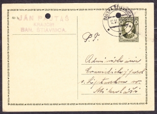 SLOVENSKÝ ŠTÁT 1939, použitá celina CDV 2. KRAJČÍR, JÁN PAJTÁŠ - BANSKÁ ŠTIAVNICA.