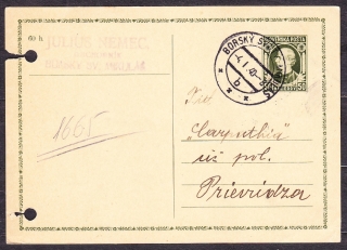 SLOVENSKÝ ŠTÁT 1940, použitá celina CDV 2. OBCHODNÍK, JULIUS NEMEC - BORSKÝ SVäTÝ MIKULÁŠ.