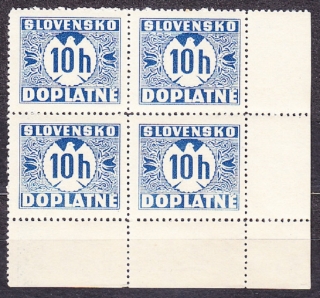 SLOVENSKÝ ŠTÁT 1939, Synek D2 Xz , ** čistý rohový 4-blok ( PD ). DOPLATNÉ. Bez priesvitky.