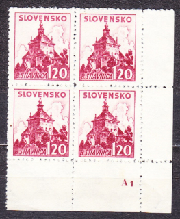 SLOVENSKÝ ŠTÁT 1941, Synek 52, ** čistý rohový 4-blok ( PD ). HRADY A ZÁMKY. Priesvitka P1.
