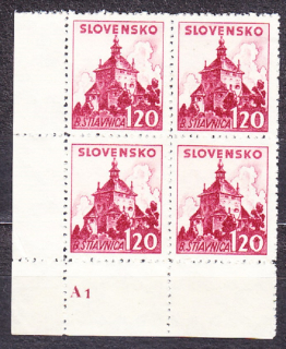 SLOVENSKÝ ŠTÁT 1941, Synek 52, ** čistý rohový 4-blok ( ĽD ) + DCH ZP 182. HRADY A ZÁMKY. Priesvitka P1.