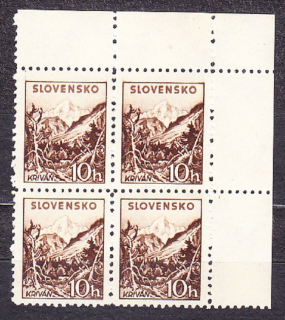 SLOVENSKÝ ŠTÁT 1940, Synek 48, ** čistý rohový 4-blok ( PH ). TATRANSKÉ. Priesvitka P4.