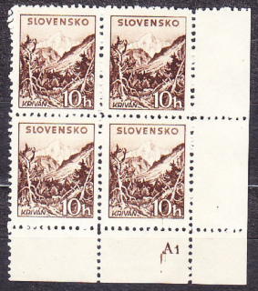 SLOVENSKÝ ŠTÁT 1940, Synek 48, ** čistý rohový 4-blok ( PD ). TATRANSKÉ. Priesvitka P4.