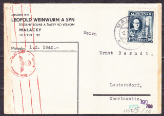 SLOVENSKÝ ŠTÁT 1940, poštový lístok. OBCHOD S TEXTILNÝM TOVAROM, LEOPOLD WEINWURM A SYN - MALACKY.