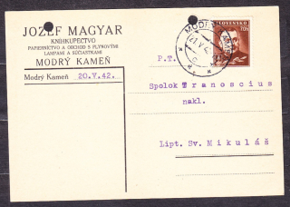 SLOVENSKÝ ŠTÁT 1942, poštový lístok. KNÍHKUPECTVO A PAPIERNICTVO, OBCHOD S PLYNOVÝMI LAMPAMI, JOZEF MAGYAR - MODRÝ KAMEŇ.