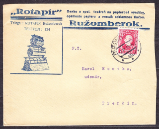 SLOVENSKÝ ŠTÁT 1940, obálka. ROTAPÍR, TOVÁREŇ NA PAPIEROVÉ VÝROBKY - RUŽOMBEROK.