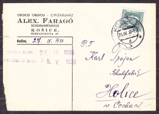 ČSR 1938, poštový lístok. OBCHOD S OBUVOU, ALEX FARAGÓ - KOŠICE.