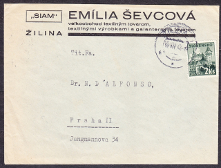 SLOVENSKÝ ŠTÁT 1943, obálka. VEĽKOOBCHOD S TEXTILNÝM TOVAROM SIAM, EMÍLIA ŠEVCOVÁ- ŽILINA.