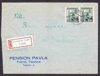 SLOVENSKÝ ŠTÁT 1945, doporučená obálka. PENSION PAVLA - TRENČIANSKE TEPLICE.