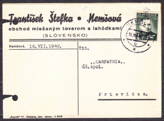 SLOVENSKÝ ŠTÁT 1940, poštový lístok. OBCHOD S MIEŠANÝM TOVAROM A LAHôDKAMI, FRANTIŠEK ŠTEFKA - NEMŠOVÁ.
