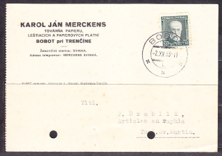 ČSR 1933, poštový lístok. TOVÁRŇA PAPIERU, KAROL JÁN MERCKENS - BOBOT.