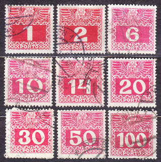 RAKÚSKO 1908, Michel 34-35, 37-40, 42-44, razené. DOPLATNÉ. ČÍSLICE, OROL.